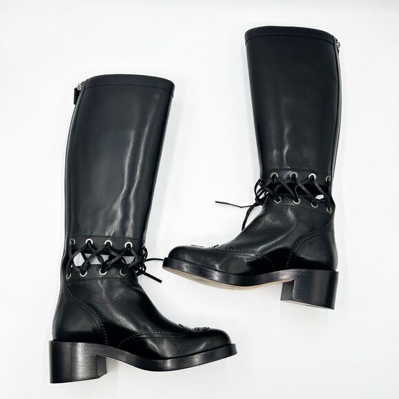 Chanel Knee High Boots Cap Toe Black Leather Lace Up Cutout - Picture 4 of 16